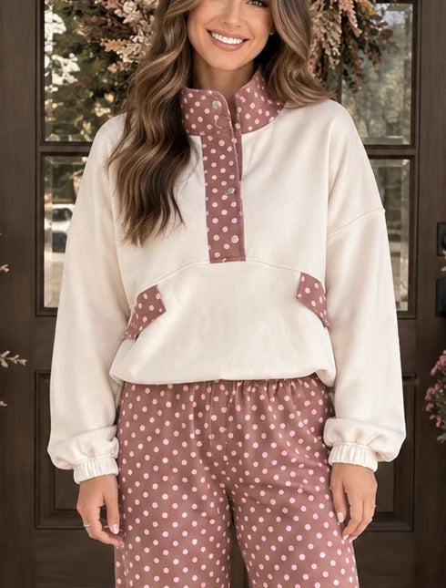 Beige Polka Dot Collared Top