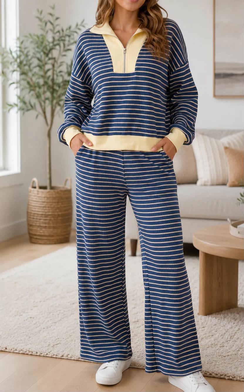 Blue Stripe V Neck Set