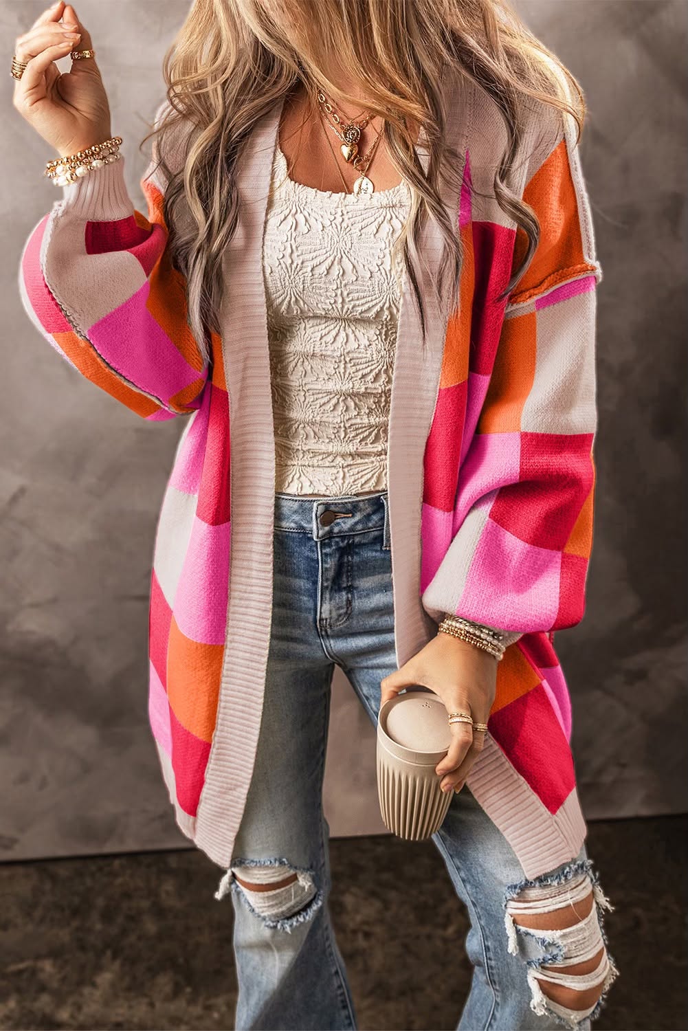 Multicolored Checkered Cardigan