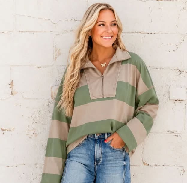 Stripe Colorblock Zipper Pullover
