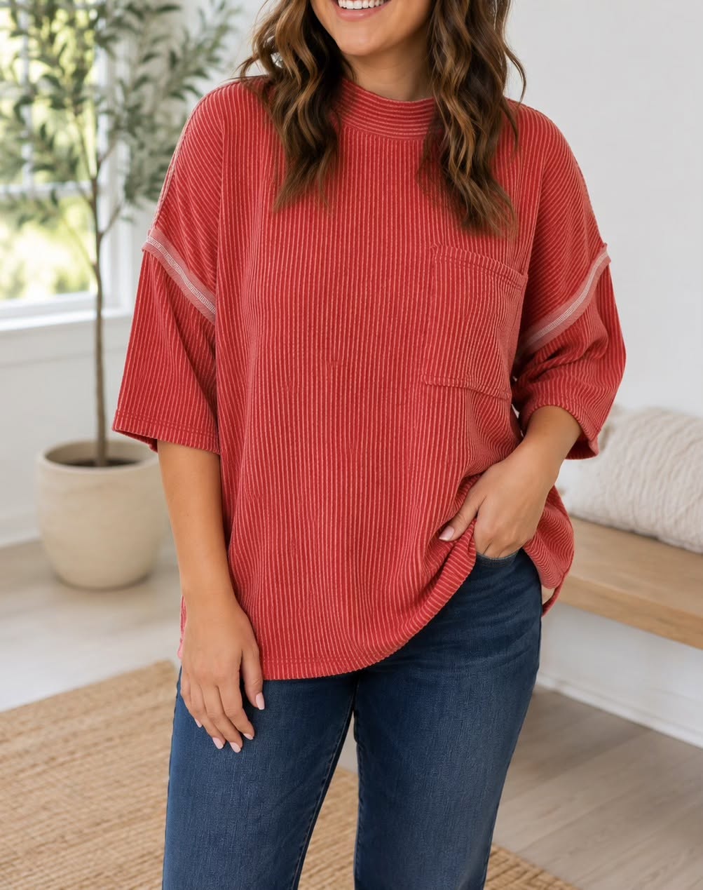 Red Ribbed Plus Blouse