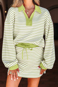 Green Stripe V Neck Set