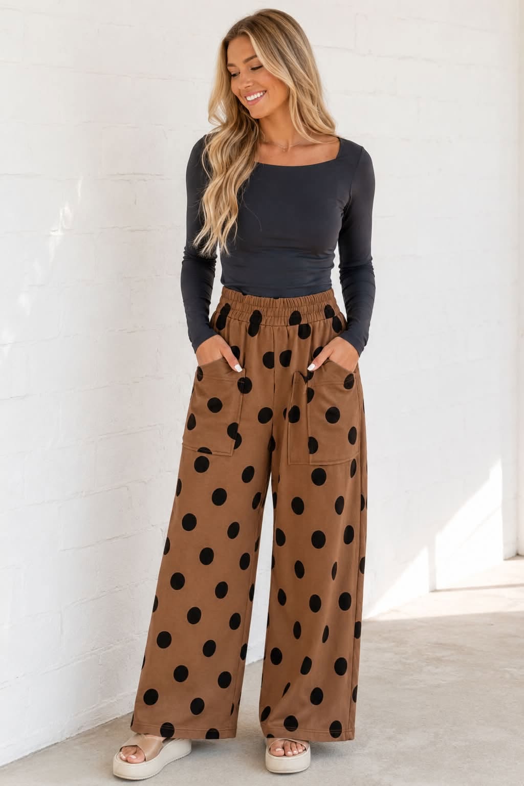 Black & Brown Polka Dot Wide Leg Pants