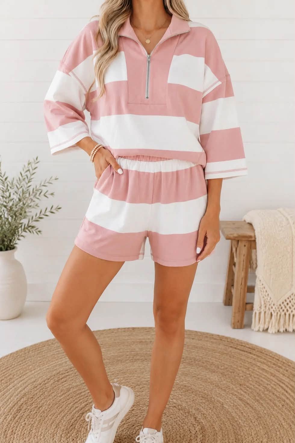 Pink Stripe Half Zip Set
