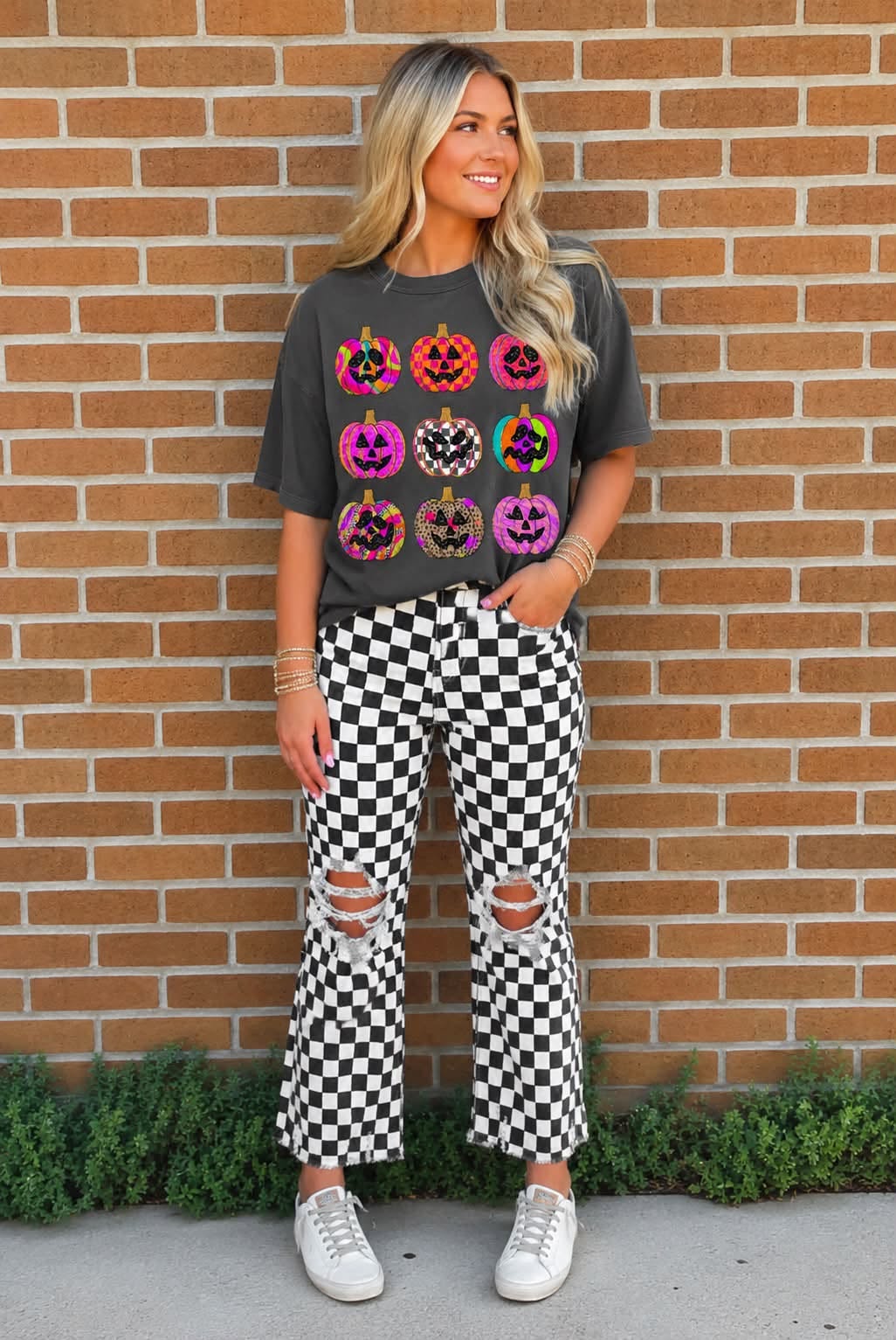 Black Checkered Distressed Jeans