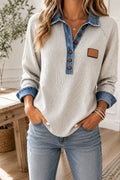 Grey Ribbed Denim Button Top
