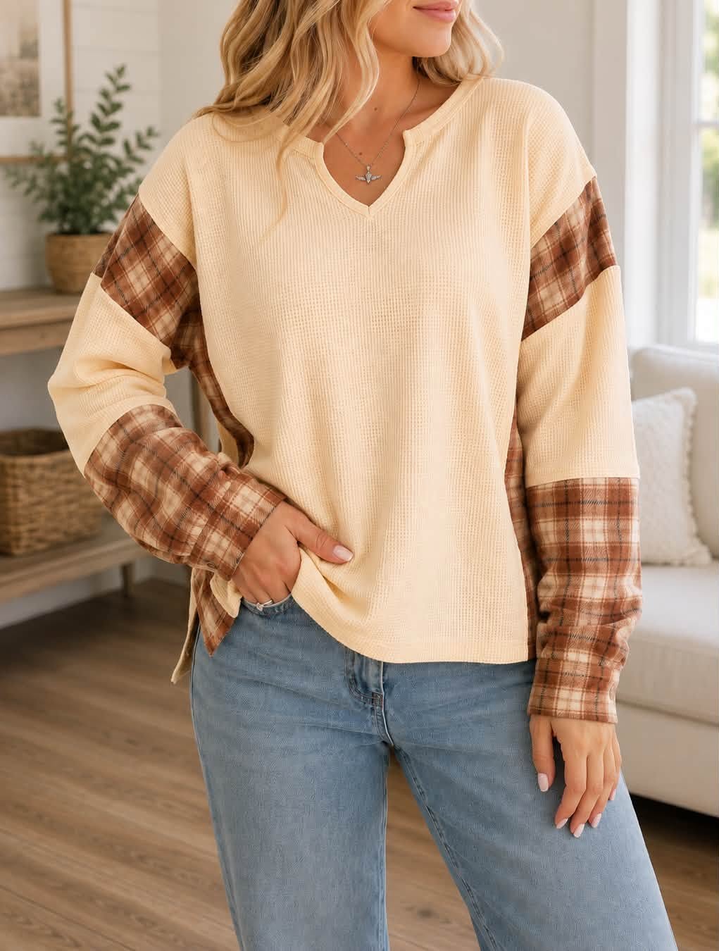 Beige Waffle Plaid Top