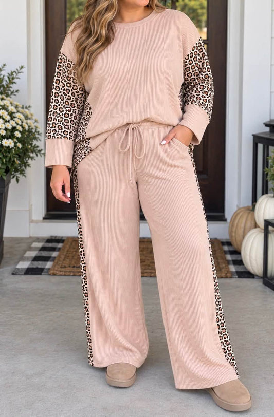 Beige Leopard Ribbed Plus Set
