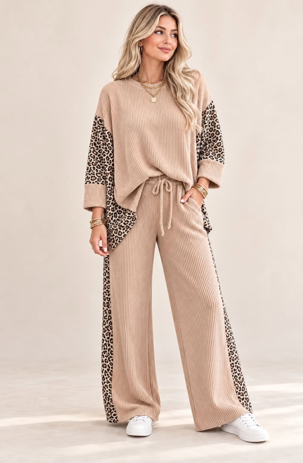 Leopard Patch Ribbed Long Pant Set