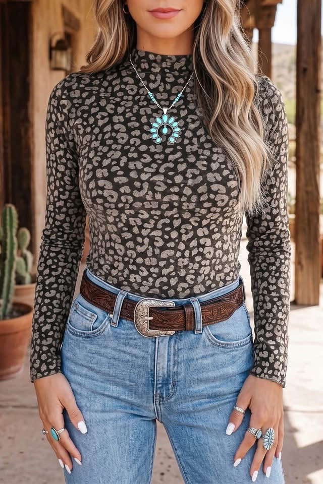 Brown Leopard Western Mesh Top