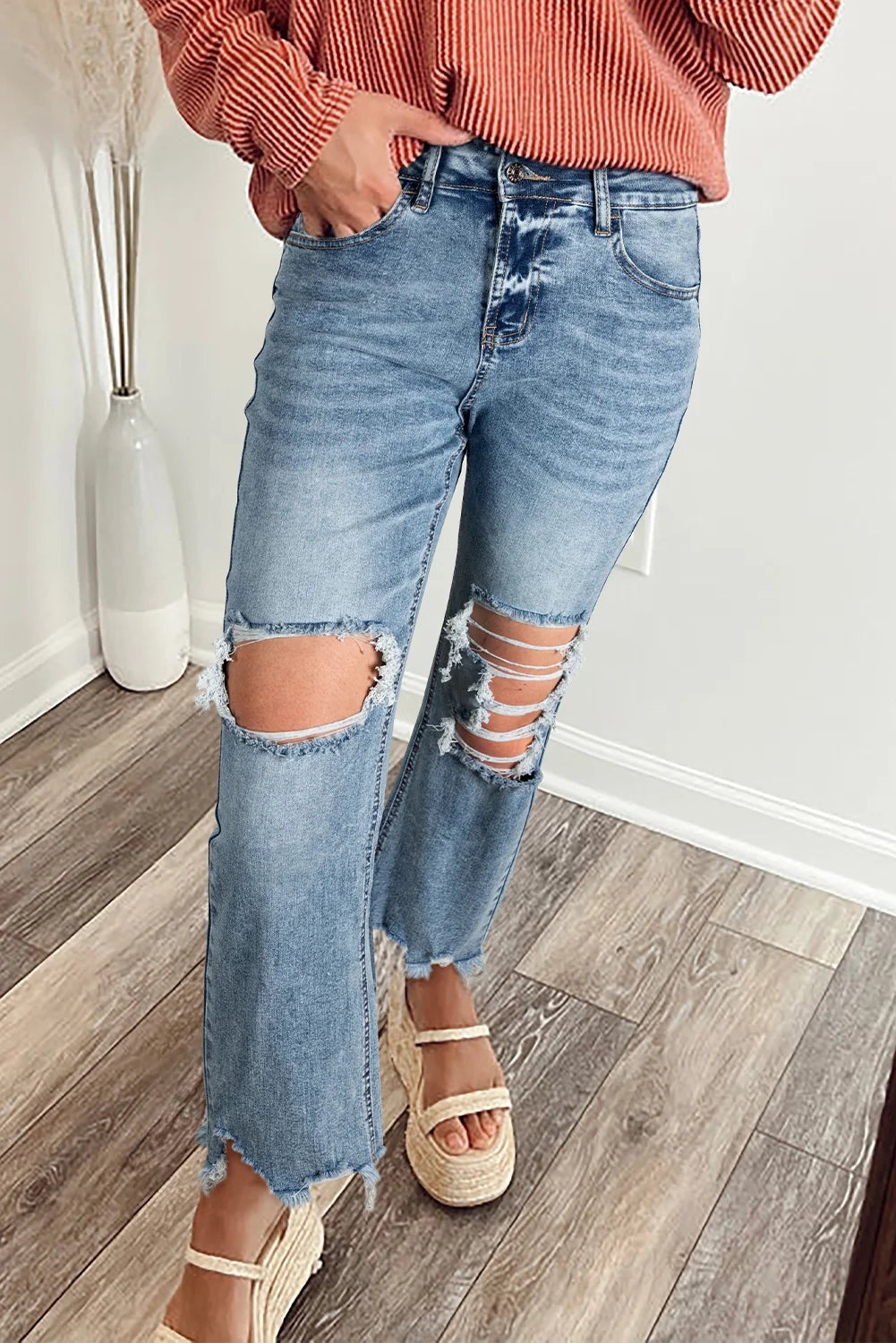 Raw-Hem Ripped Flare Jeans