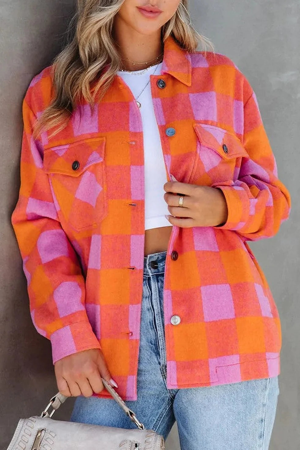 Orange Plaid Button Up Jacket